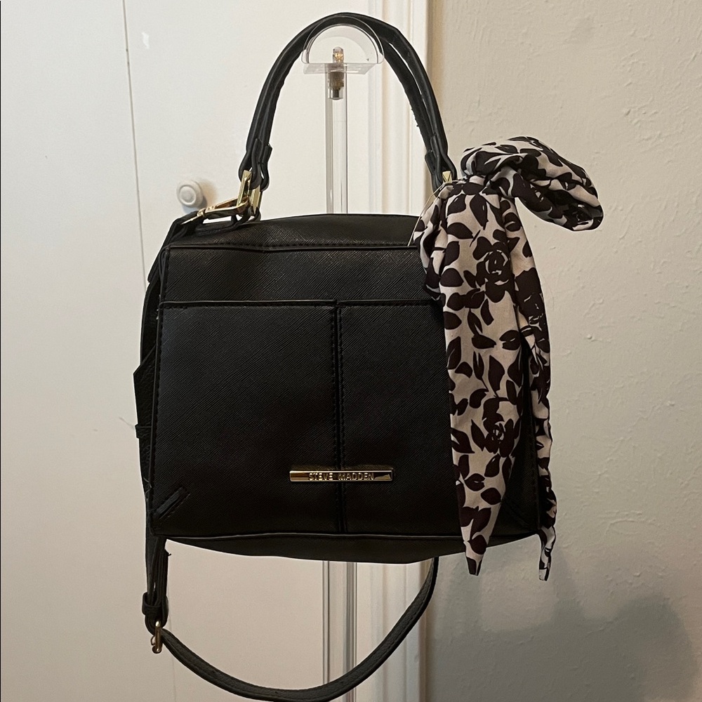 Steve Madden Black Satchel with Floral Scarf Accent Shoulder Bag - Picture 3 of 12